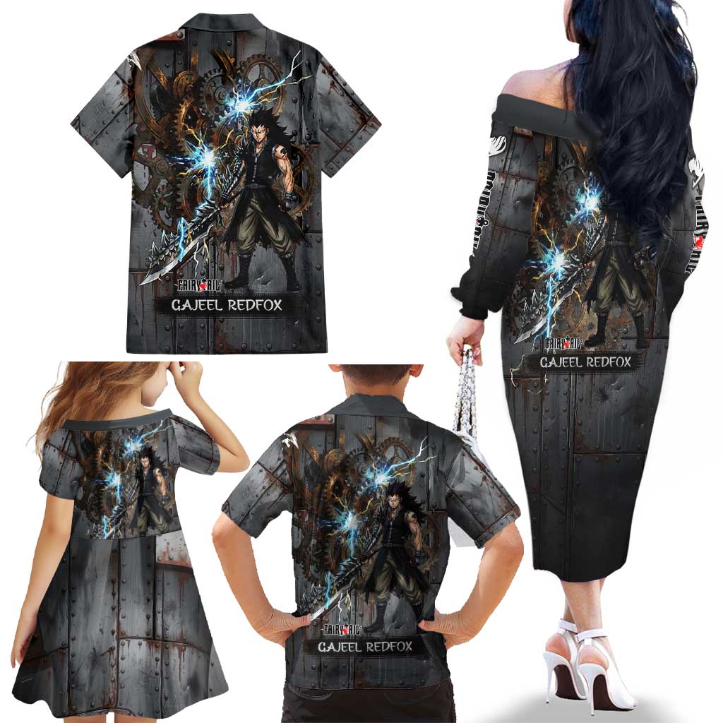 Gajeel Redfox Fairy Tail Family Matching Off The Shoulder Long Sleeve Dress and Hawaiian Shirt Industrial Steampunk Anime Style with Iron Dragon Elements