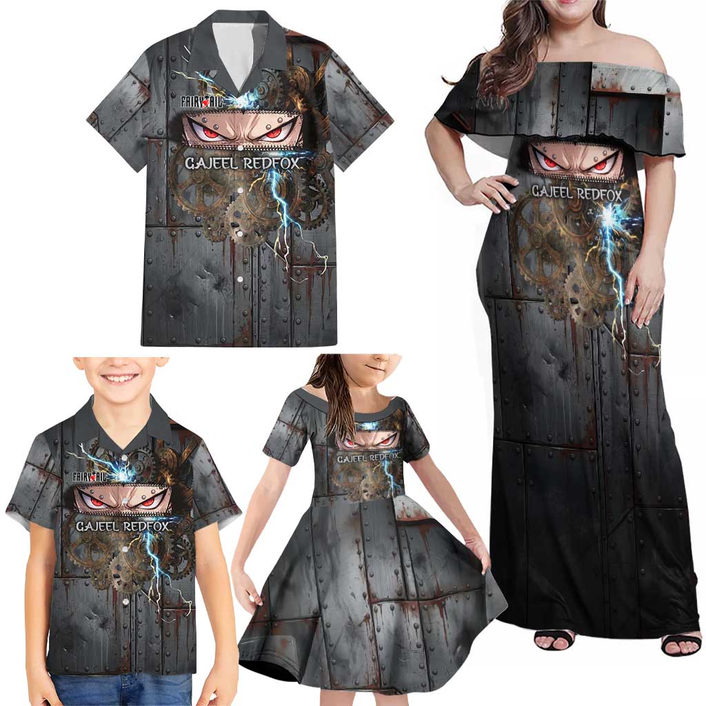 Gajeel Redfox Fairy Tail Family Matching Off Shoulder Maxi Dress and Hawaiian Shirt Industrial Steampunk Anime Style with Iron Dragon Elements