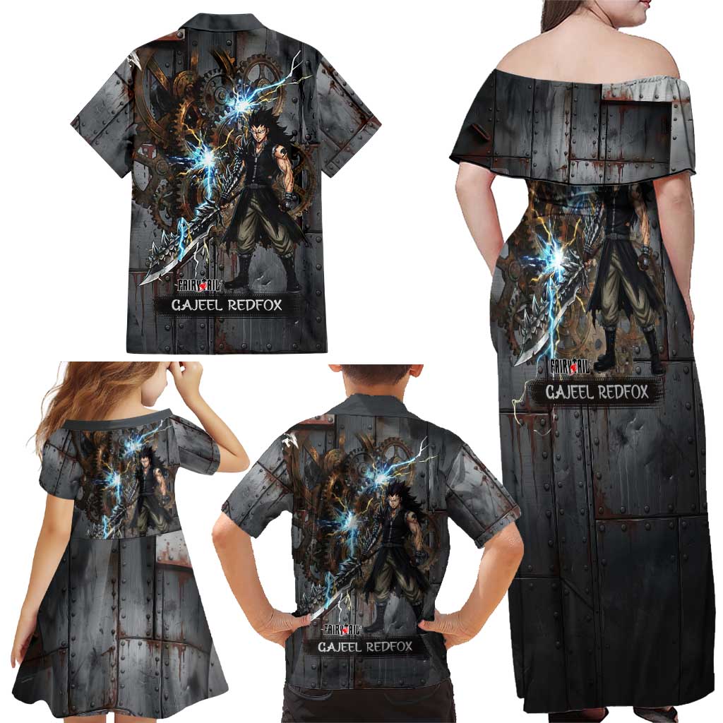 Gajeel Redfox Fairy Tail Family Matching Off Shoulder Maxi Dress and Hawaiian Shirt Industrial Steampunk Anime Style with Iron Dragon Elements