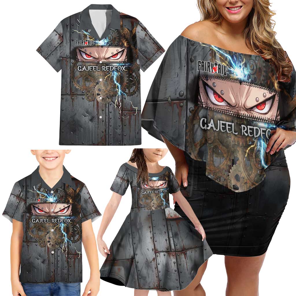 Gajeel Redfox Fairy Tail Family Matching Off Shoulder Short Dress and Hawaiian Shirt Industrial Steampunk Anime Style with Iron Dragon Elements