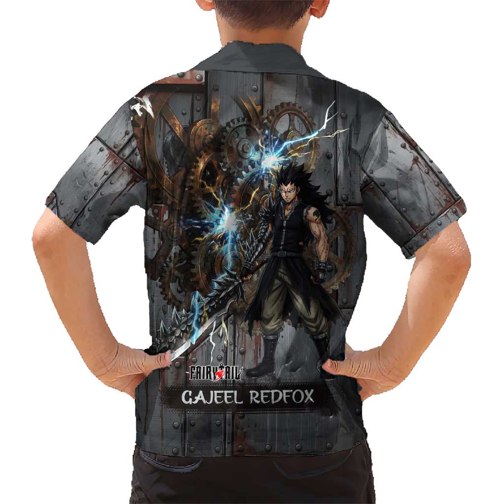 Gajeel Redfox Fairy Tail Family Matching Off Shoulder Short Dress and Hawaiian Shirt Industrial Steampunk Anime Style with Iron Dragon Elements