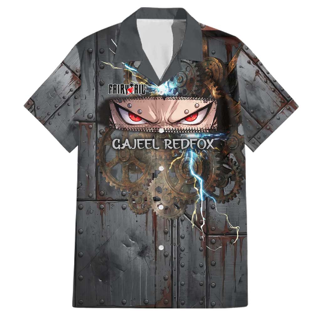 Gajeel Redfox Fairy Tail Family Matching Off Shoulder Short Dress and Hawaiian Shirt Industrial Steampunk Anime Style with Iron Dragon Elements