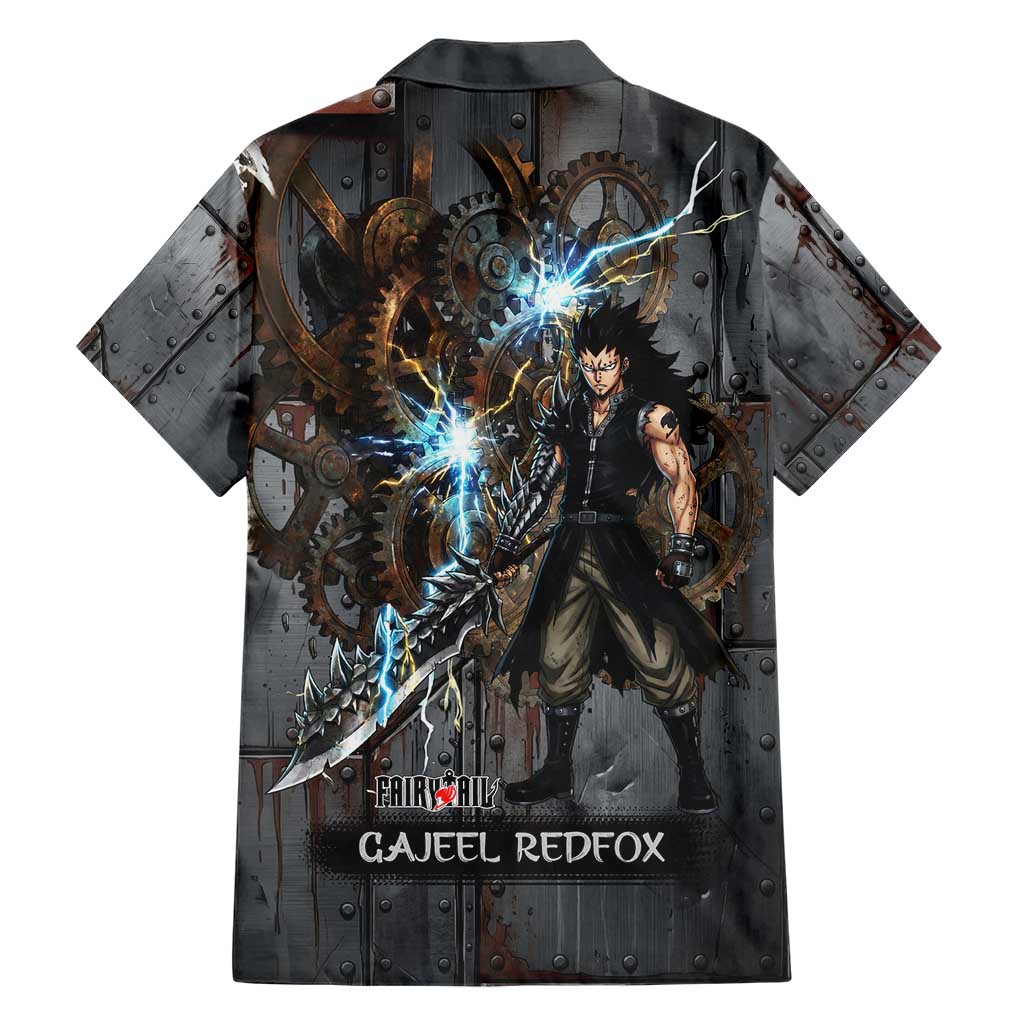 Gajeel Redfox Fairy Tail Family Matching Off Shoulder Short Dress and Hawaiian Shirt Industrial Steampunk Anime Style with Iron Dragon Elements