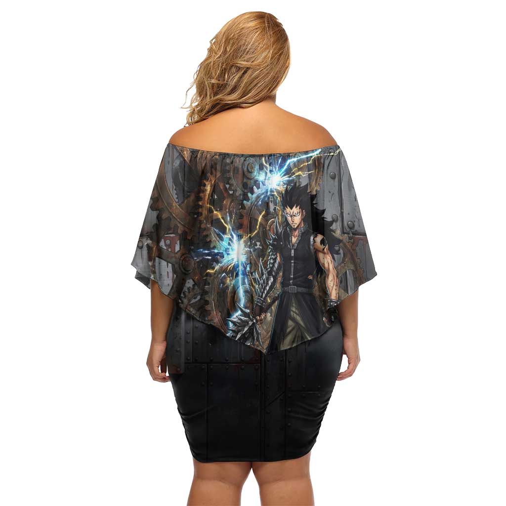 Gajeel Redfox Fairy Tail Family Matching Off Shoulder Short Dress and Hawaiian Shirt Industrial Steampunk Anime Style with Iron Dragon Elements