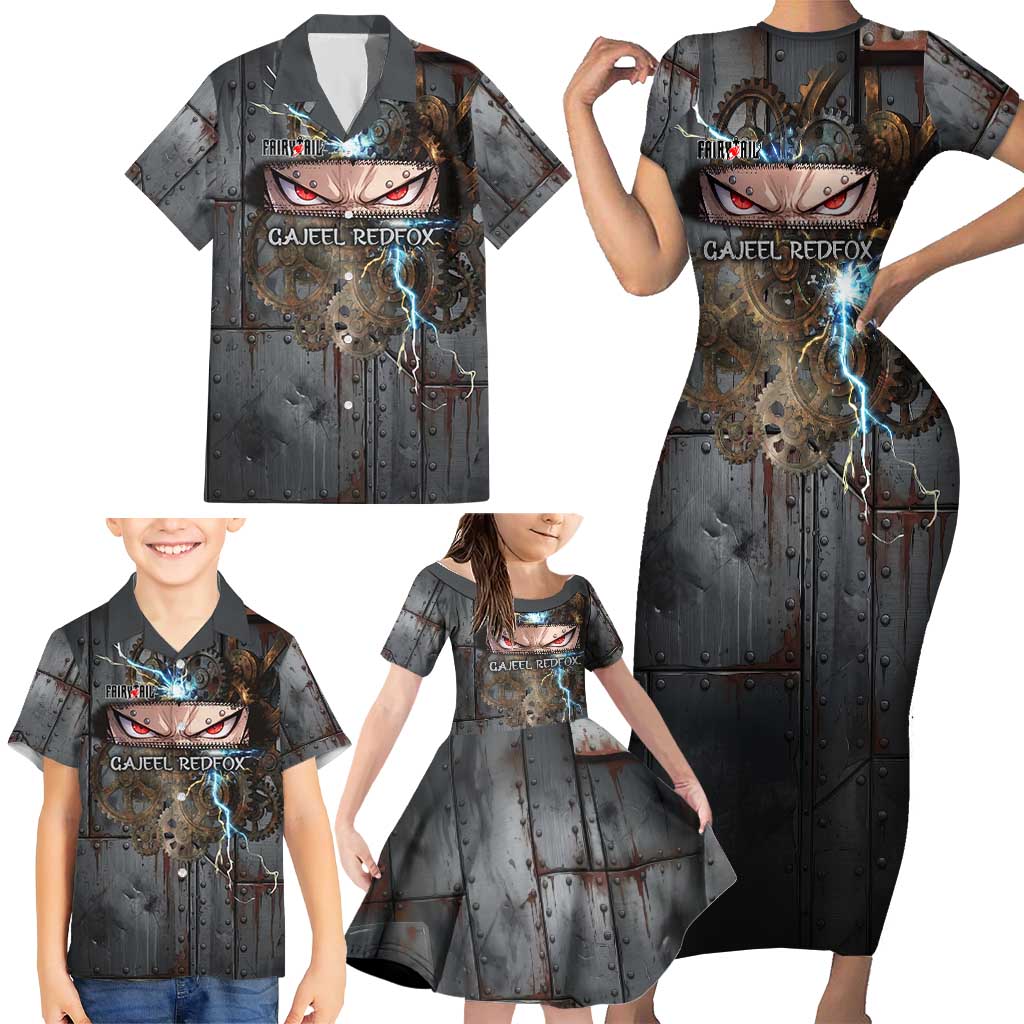 Gajeel Redfox Fairy Tail Family Matching Short Sleeve Bodycon Dress and Hawaiian Shirt Industrial Steampunk Anime Style with Iron Dragon Elements