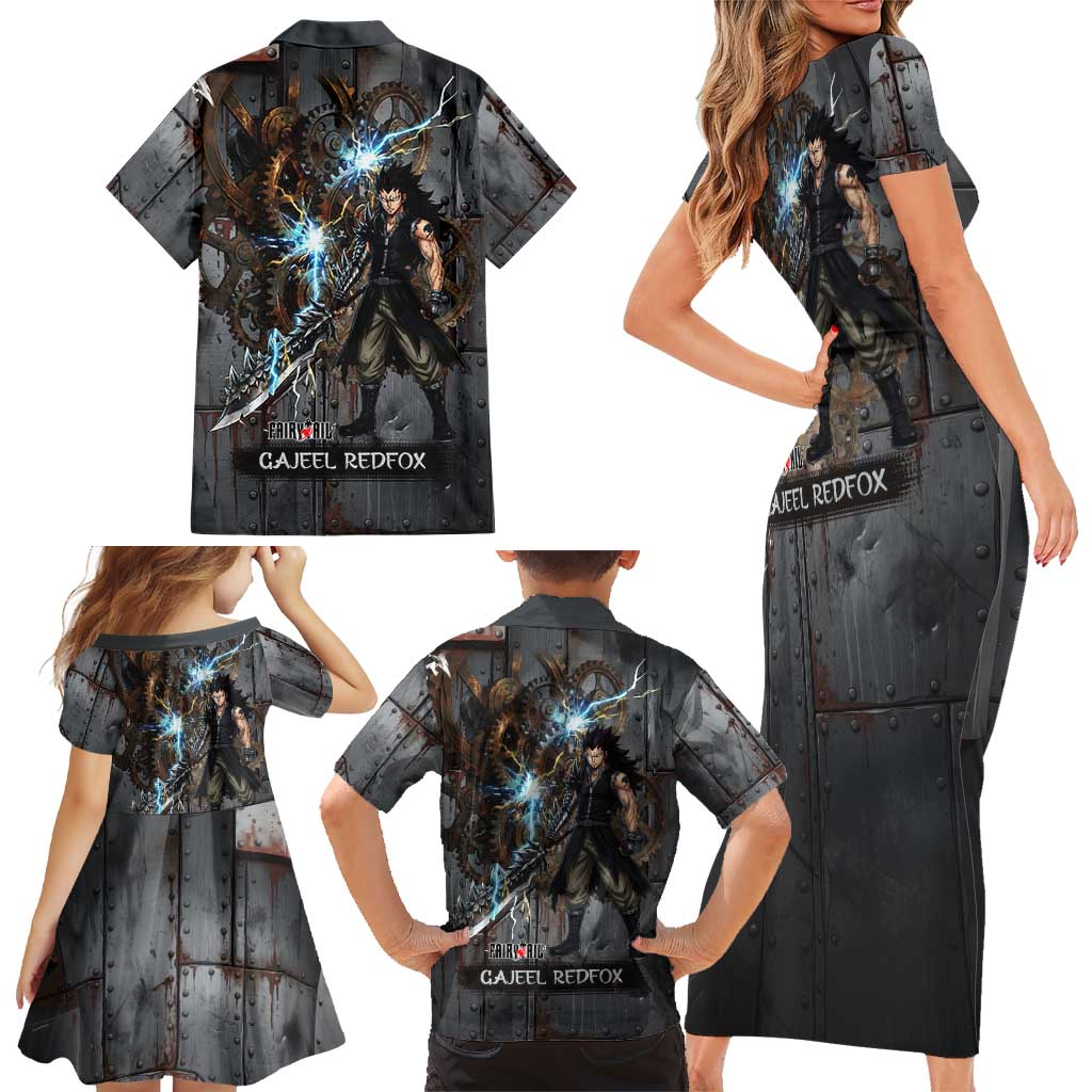 Gajeel Redfox Fairy Tail Family Matching Short Sleeve Bodycon Dress and Hawaiian Shirt Industrial Steampunk Anime Style with Iron Dragon Elements