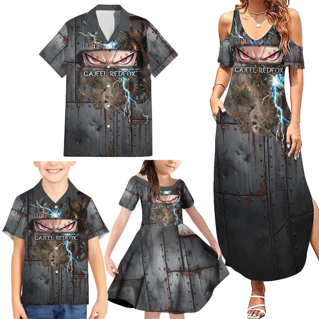 Gajeel Redfox Fairy Tail Family Matching Summer Maxi Dress and Hawaiian Shirt Industrial Steampunk Anime Style with Iron Dragon Elements