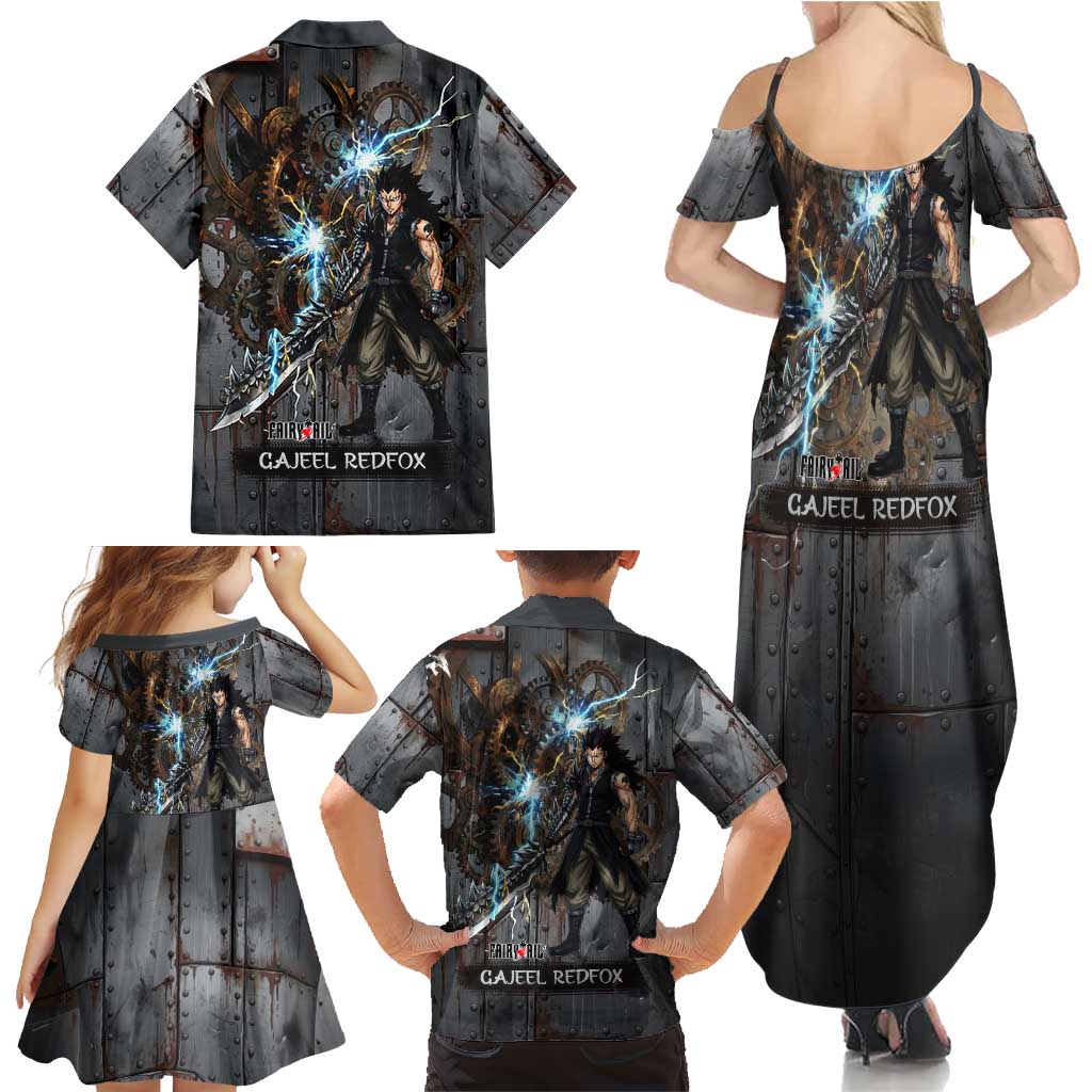 Gajeel Redfox Fairy Tail Family Matching Summer Maxi Dress and Hawaiian Shirt Industrial Steampunk Anime Style with Iron Dragon Elements