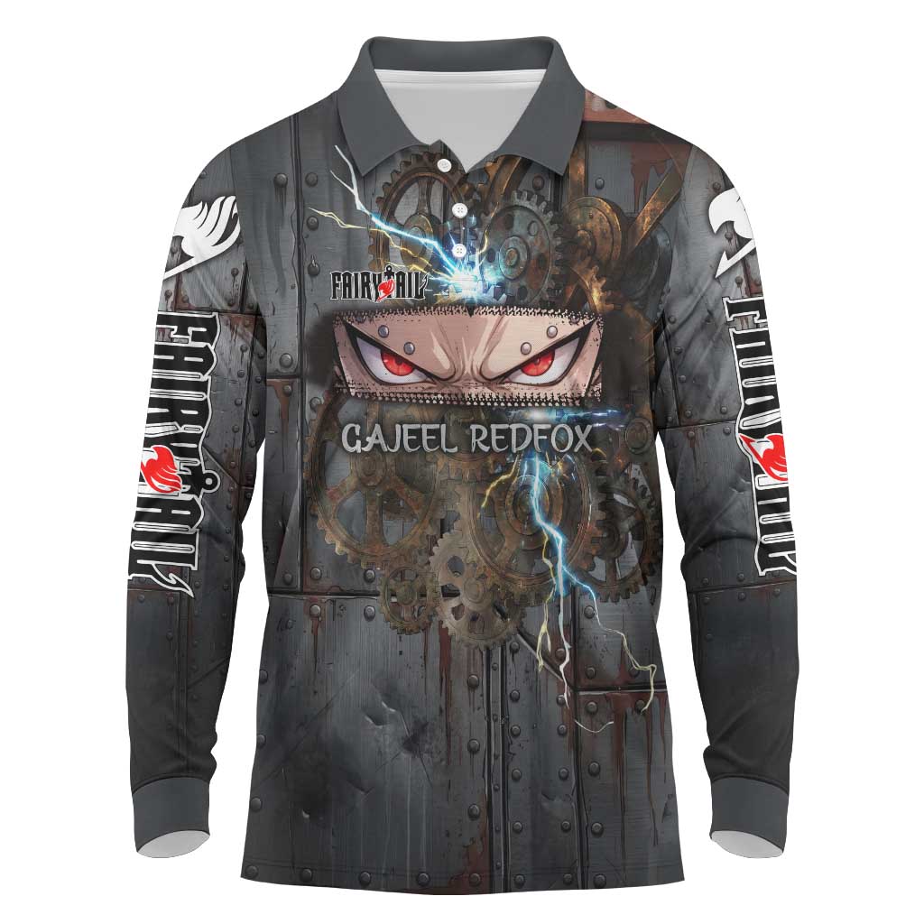 Gajeel Redfox Fairy Tail Long Sleeve Polo Shirt Industrial Steampunk Anime Style with Iron Dragon Elements