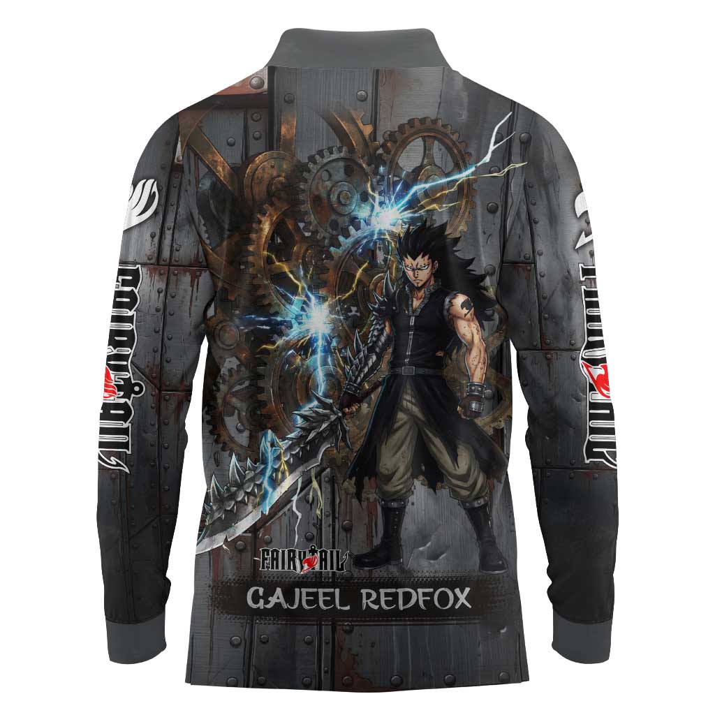 Gajeel Redfox Fairy Tail Long Sleeve Polo Shirt Industrial Steampunk Anime Style with Iron Dragon Elements