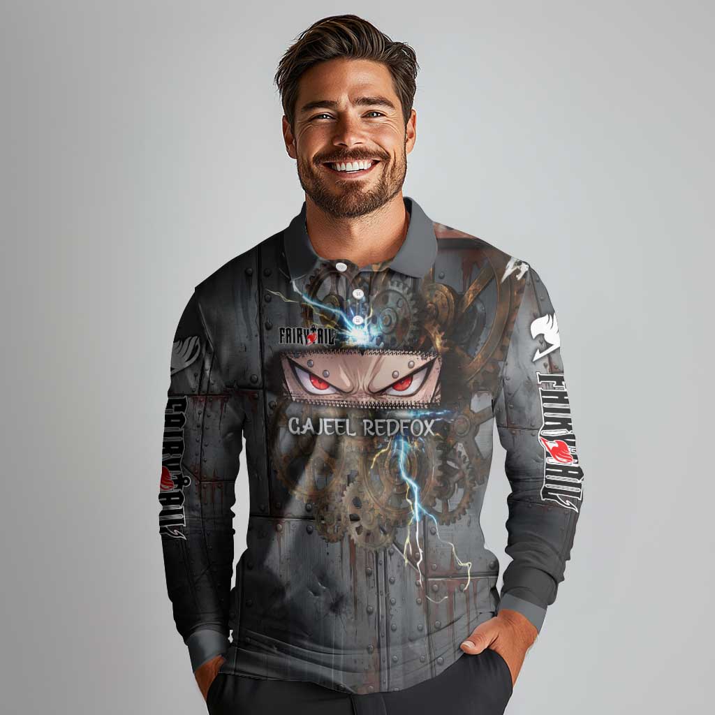 Gajeel Redfox Fairy Tail Long Sleeve Polo Shirt Industrial Steampunk Anime Style with Iron Dragon Elements