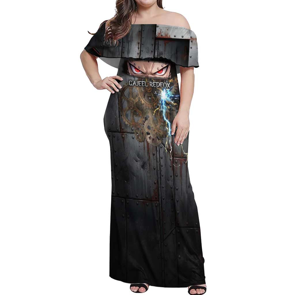 Gajeel Redfox Fairy Tail Off Shoulder Maxi Dress Industrial Steampunk Anime Style with Iron Dragon Elements