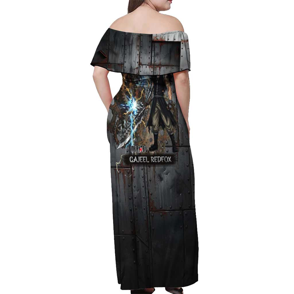 Gajeel Redfox Fairy Tail Off Shoulder Maxi Dress Industrial Steampunk Anime Style with Iron Dragon Elements