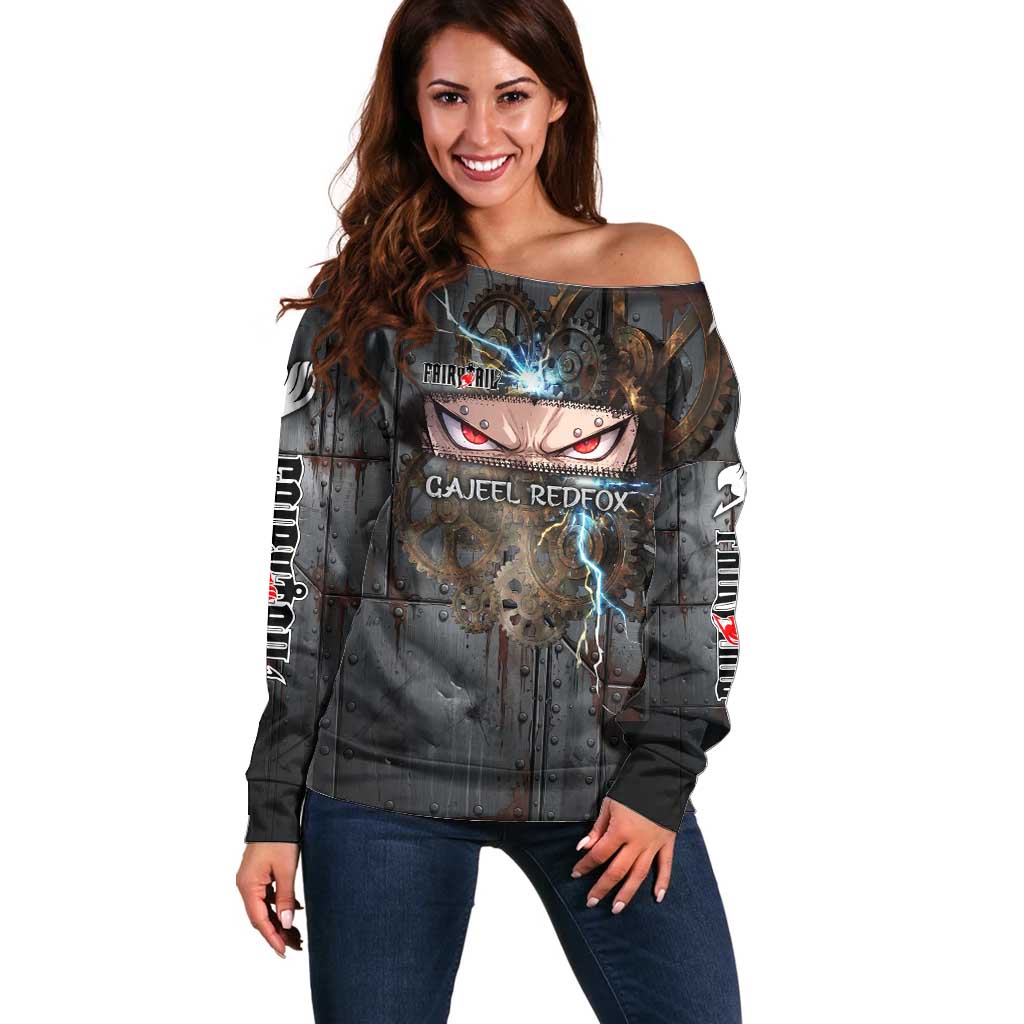 Gajeel Redfox Fairy Tail Off Shoulder Sweater Industrial Steampunk Anime Style with Iron Dragon Elements
