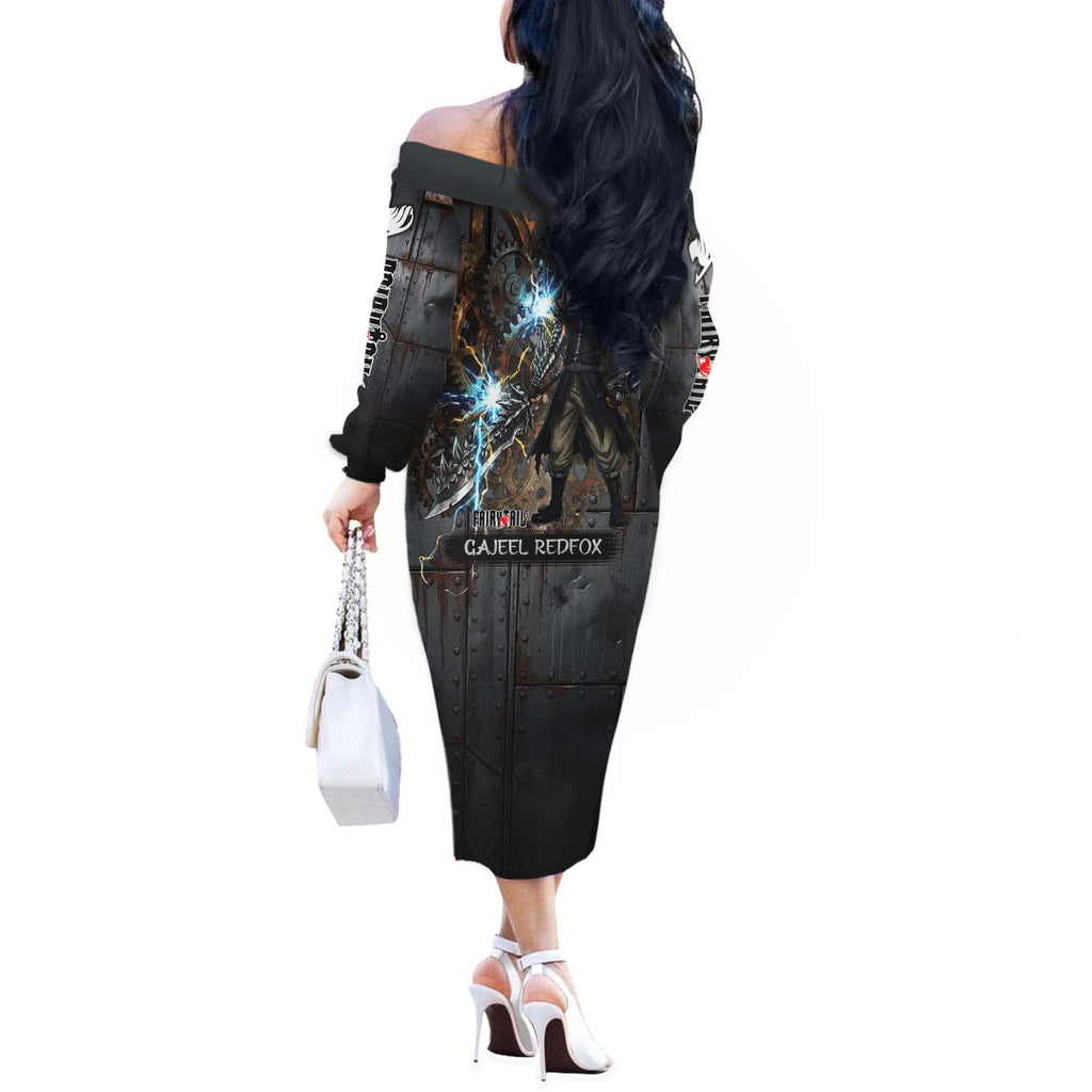 Gajeel Redfox Fairy Tail Off The Shoulder Long Sleeve Dress Industrial Steampunk Anime Style with Iron Dragon Elements
