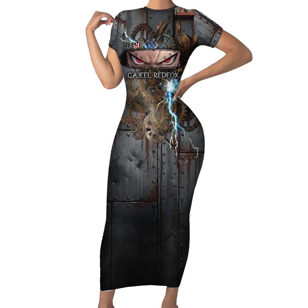 Gajeel Redfox Fairy Tail Short Sleeve Bodycon Dress Industrial Steampunk Anime Style with Iron Dragon Elements