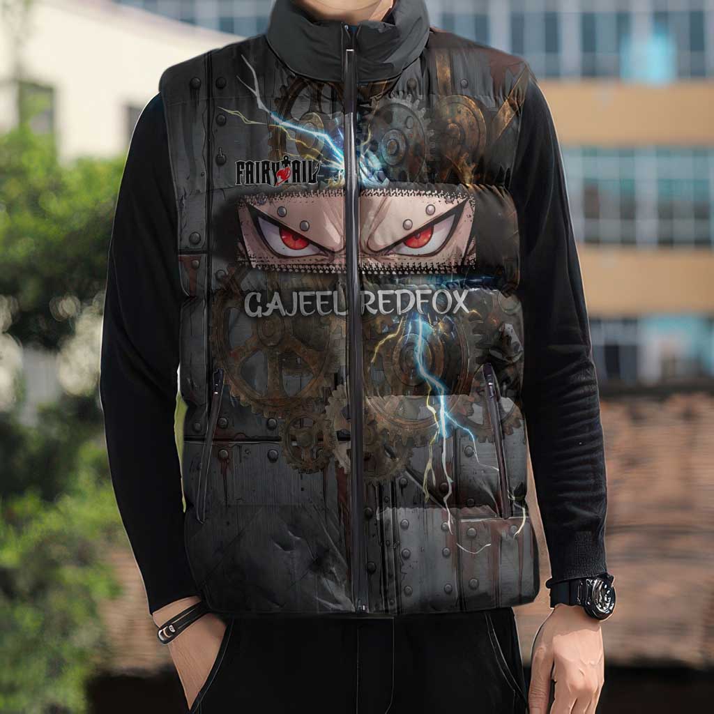 Gajeel Redfox Fairy Tail Sleeveless Puffer Jacket Industrial Steampunk Anime Style with Iron Dragon Elements