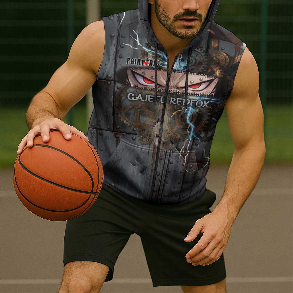 Gajeel Redfox Fairy Tail Sleeveless Zip Hoodie Industrial Steampunk Anime Style with Iron Dragon Elements