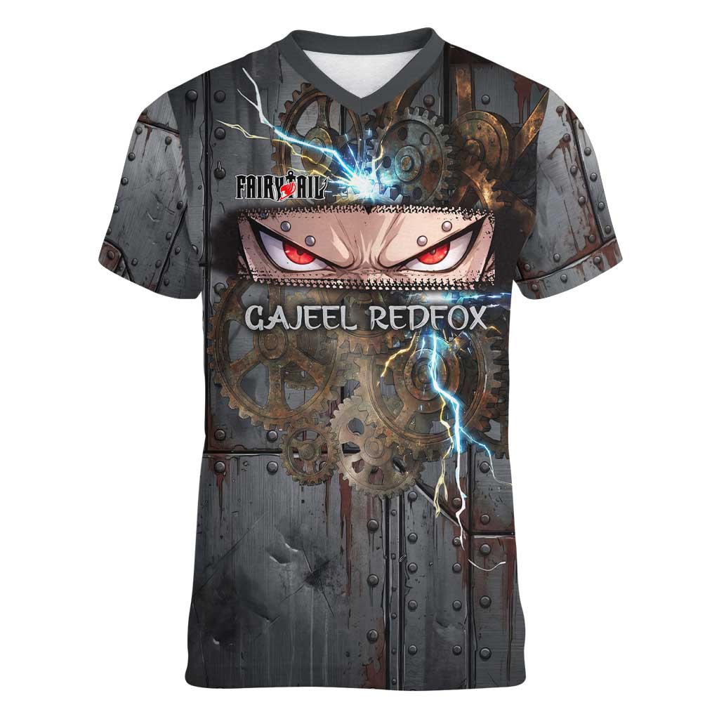 Gajeel Redfox Fairy Tail Women V-Neck T-Shirt Industrial Steampunk Anime Style with Iron Dragon Elements