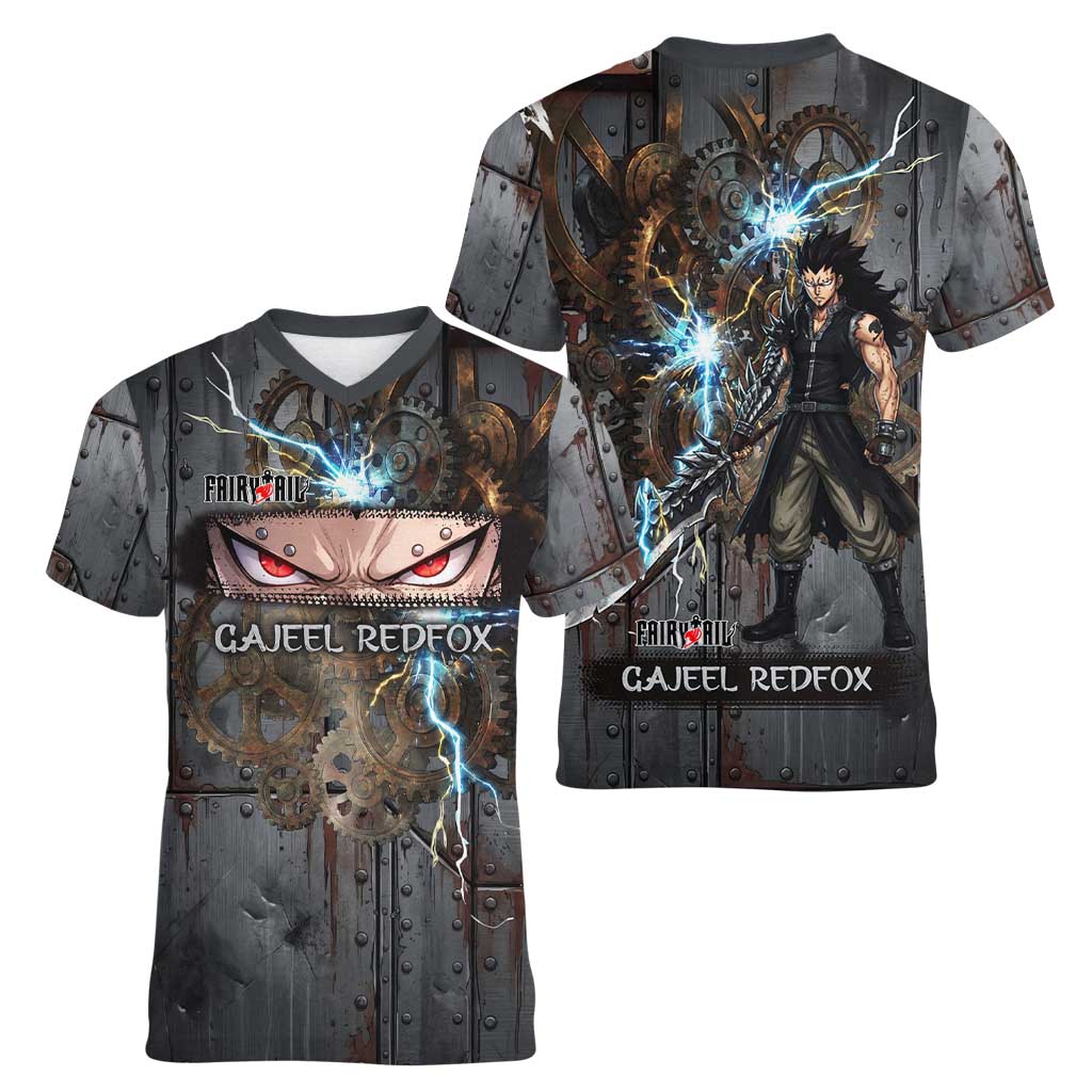 Gajeel Redfox Fairy Tail Women V-Neck T-Shirt Industrial Steampunk Anime Style with Iron Dragon Elements