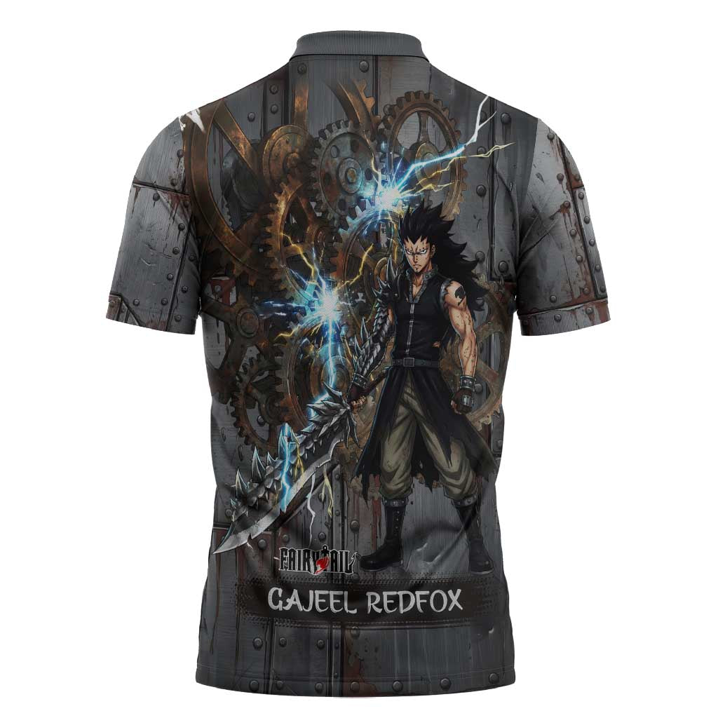 Gajeel Redfox Fairy Tail Zipper Polo Shirt Industrial Steampunk Anime Style with Iron Dragon Elements