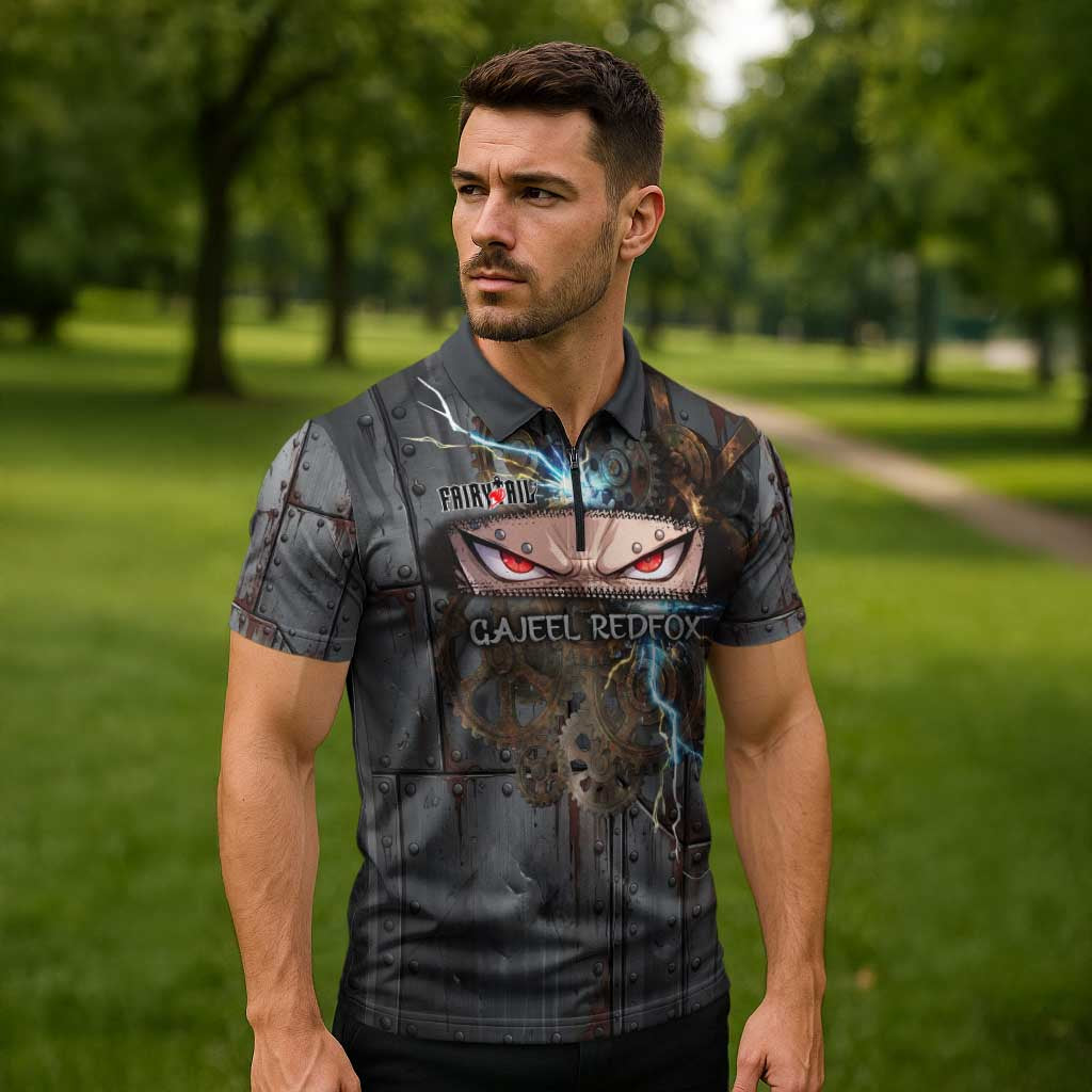 Gajeel Redfox Fairy Tail Zipper Polo Shirt Industrial Steampunk Anime Style with Iron Dragon Elements