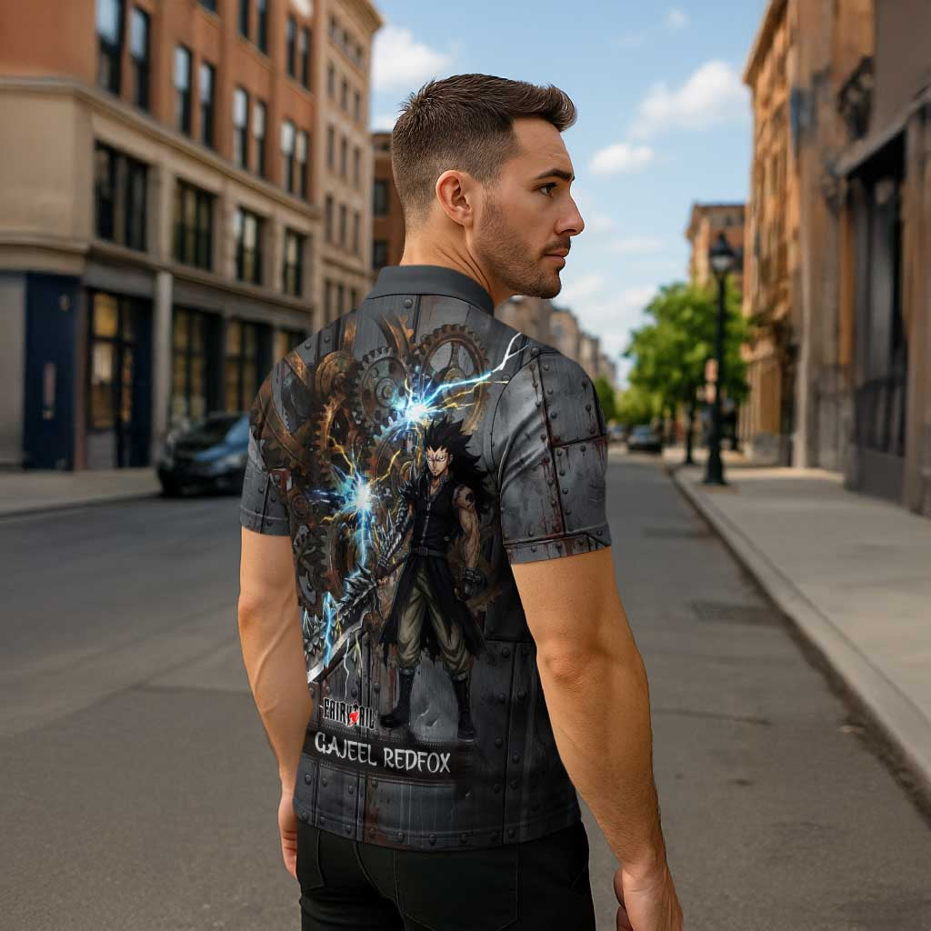 Gajeel Redfox Fairy Tail Zipper Polo Shirt Industrial Steampunk Anime Style with Iron Dragon Elements
