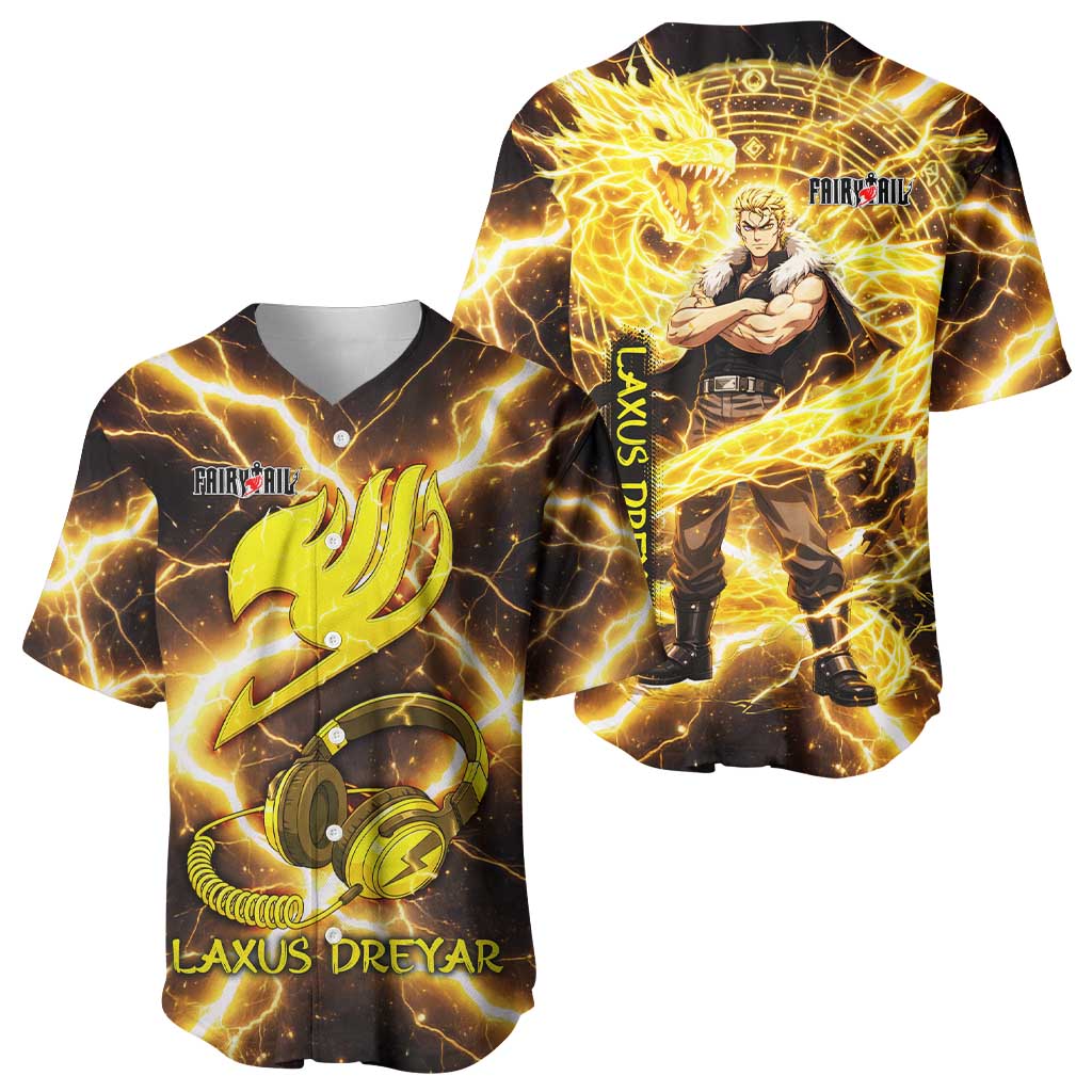 Laxus Dreyar Fairy Tail Baseball Jersey Lightning Dragon Anime Style with Electric Surge Visuals