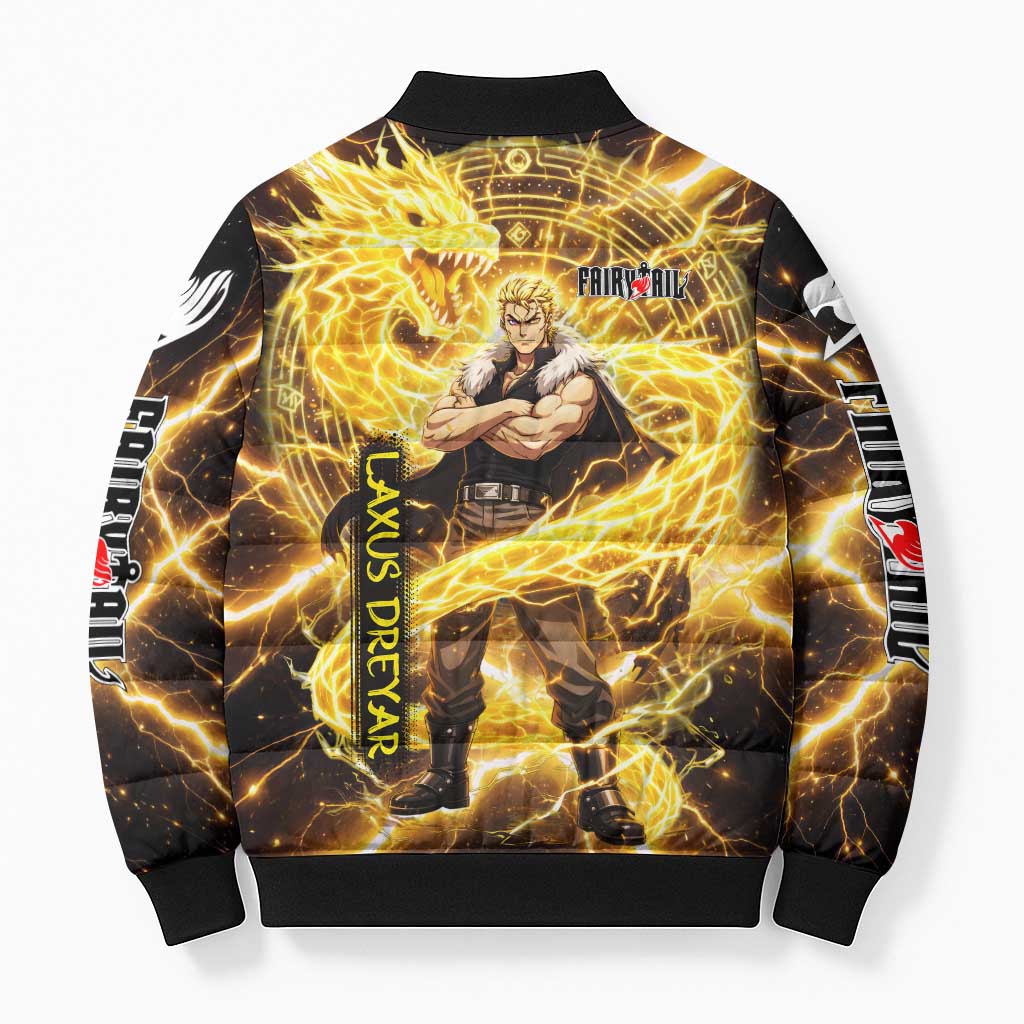 Laxus Dreyar Fairy Tail Bomber Puffer Jacket Lightning Dragon Anime Style with Electric Surge Visuals