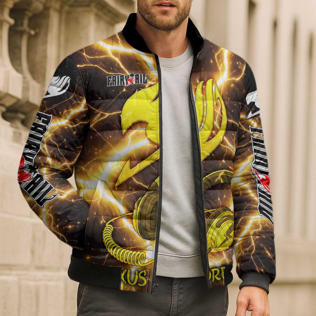Laxus Dreyar Fairy Tail Bomber Puffer Jacket Lightning Dragon Anime Style with Electric Surge Visuals