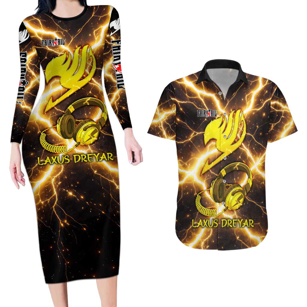 Laxus Dreyar Fairy Tail Couples Matching Long Sleeve Bodycon Dress and Hawaiian Shirt Lightning Dragon Anime Style with Electric Surge Visuals