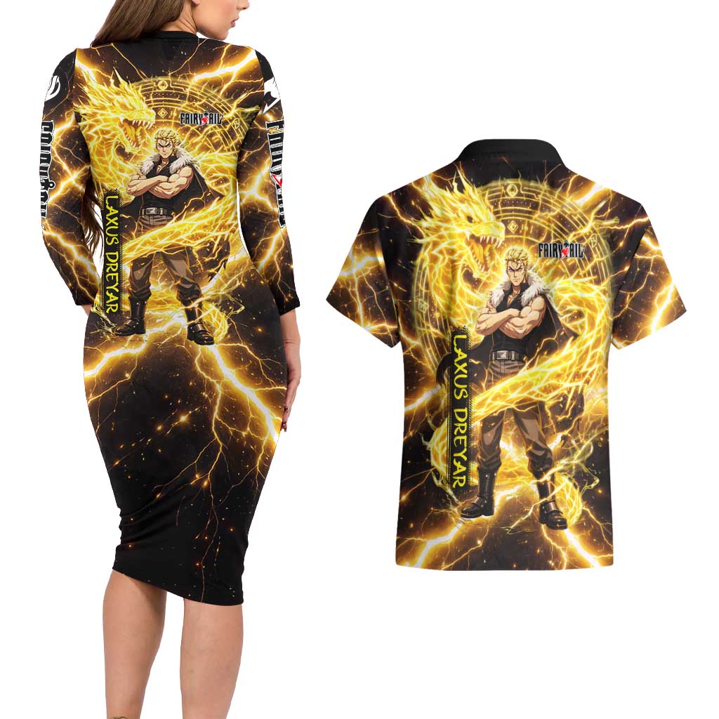 Laxus Dreyar Fairy Tail Couples Matching Long Sleeve Bodycon Dress and Hawaiian Shirt Lightning Dragon Anime Style with Electric Surge Visuals