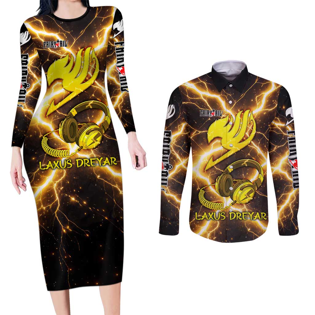 Laxus Dreyar Fairy Tail Couples Matching Long Sleeve Bodycon Dress and Long Sleeve Button Shirt Lightning Dragon Anime Style with Electric Surge Visuals