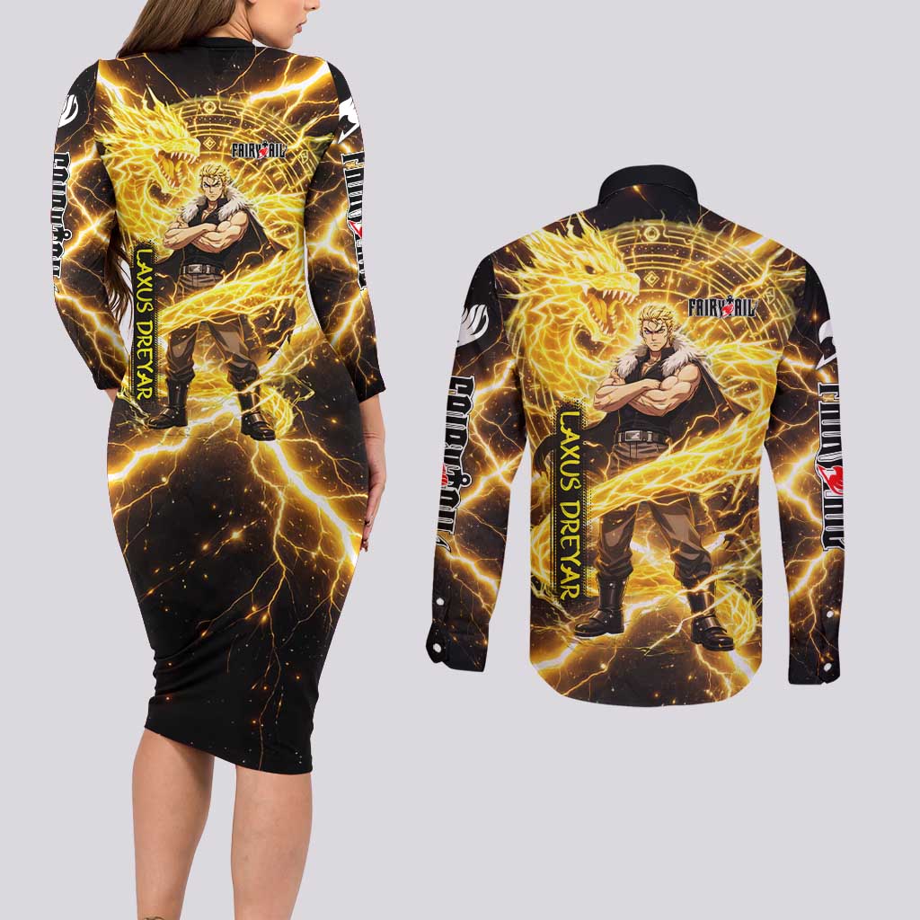 Laxus Dreyar Fairy Tail Couples Matching Long Sleeve Bodycon Dress and Long Sleeve Button Shirt Lightning Dragon Anime Style with Electric Surge Visuals
