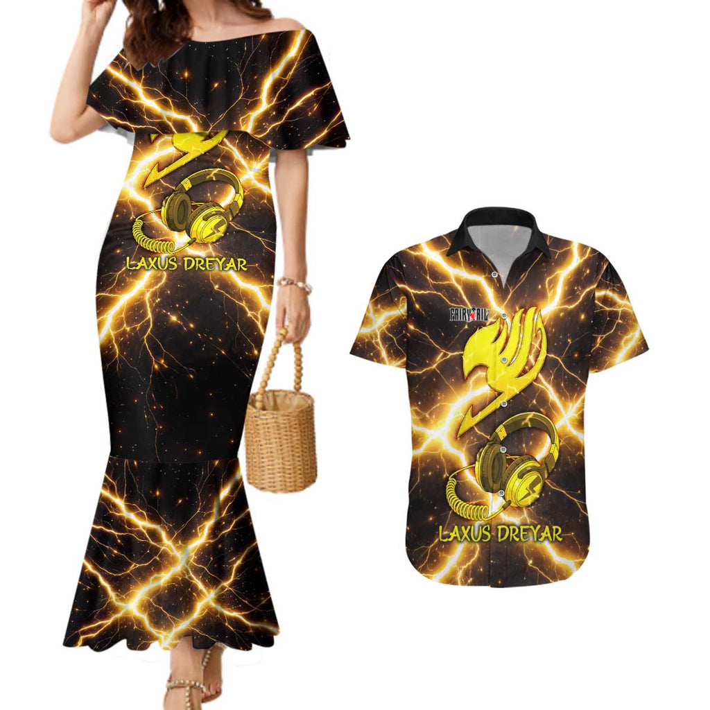 Laxus Dreyar Fairy Tail Couples Matching Mermaid Dress and Hawaiian Shirt Lightning Dragon Anime Style with Electric Surge Visuals