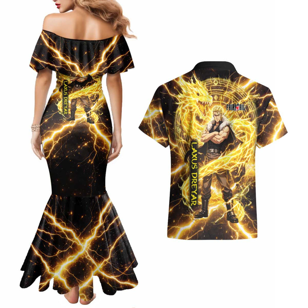 Laxus Dreyar Fairy Tail Couples Matching Mermaid Dress and Hawaiian Shirt Lightning Dragon Anime Style with Electric Surge Visuals