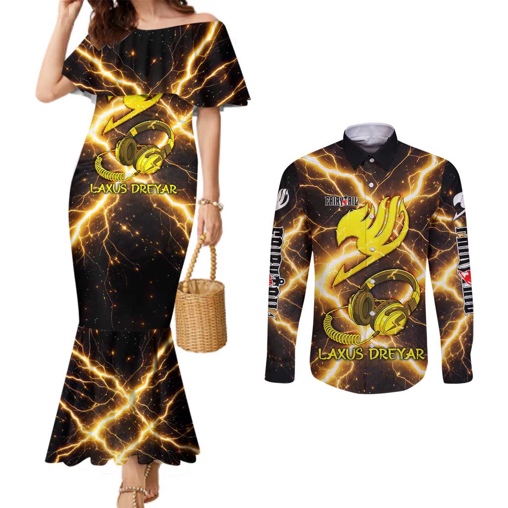Laxus Dreyar Fairy Tail Couples Matching Mermaid Dress and Long Sleeve Button Shirt Lightning Dragon Anime Style with Electric Surge Visuals