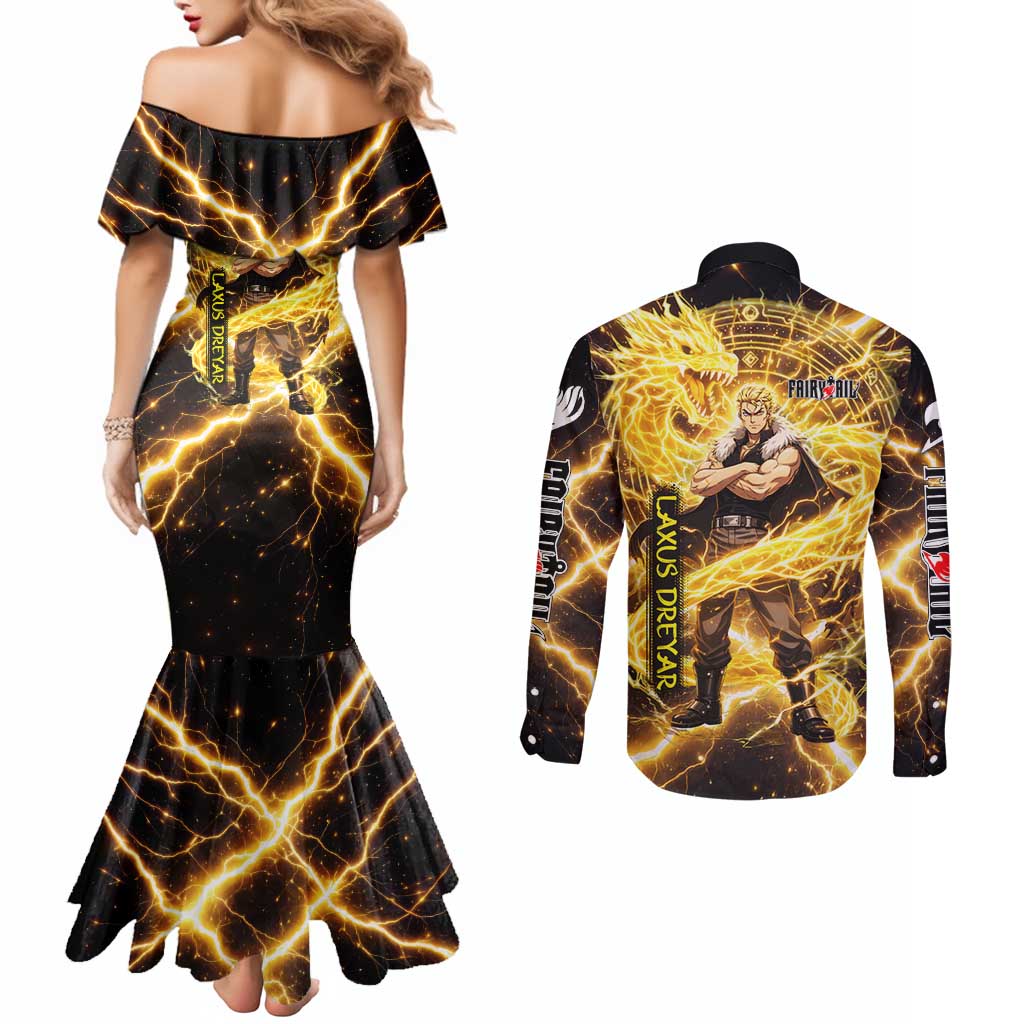 Laxus Dreyar Fairy Tail Couples Matching Mermaid Dress and Long Sleeve Button Shirt Lightning Dragon Anime Style with Electric Surge Visuals