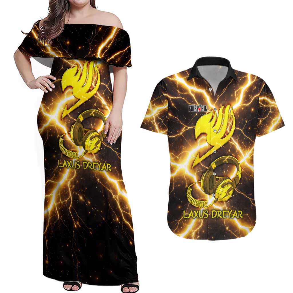 Laxus Dreyar Fairy Tail Couples Matching Off Shoulder Maxi Dress and Hawaiian Shirt Lightning Dragon Anime Style with Electric Surge Visuals