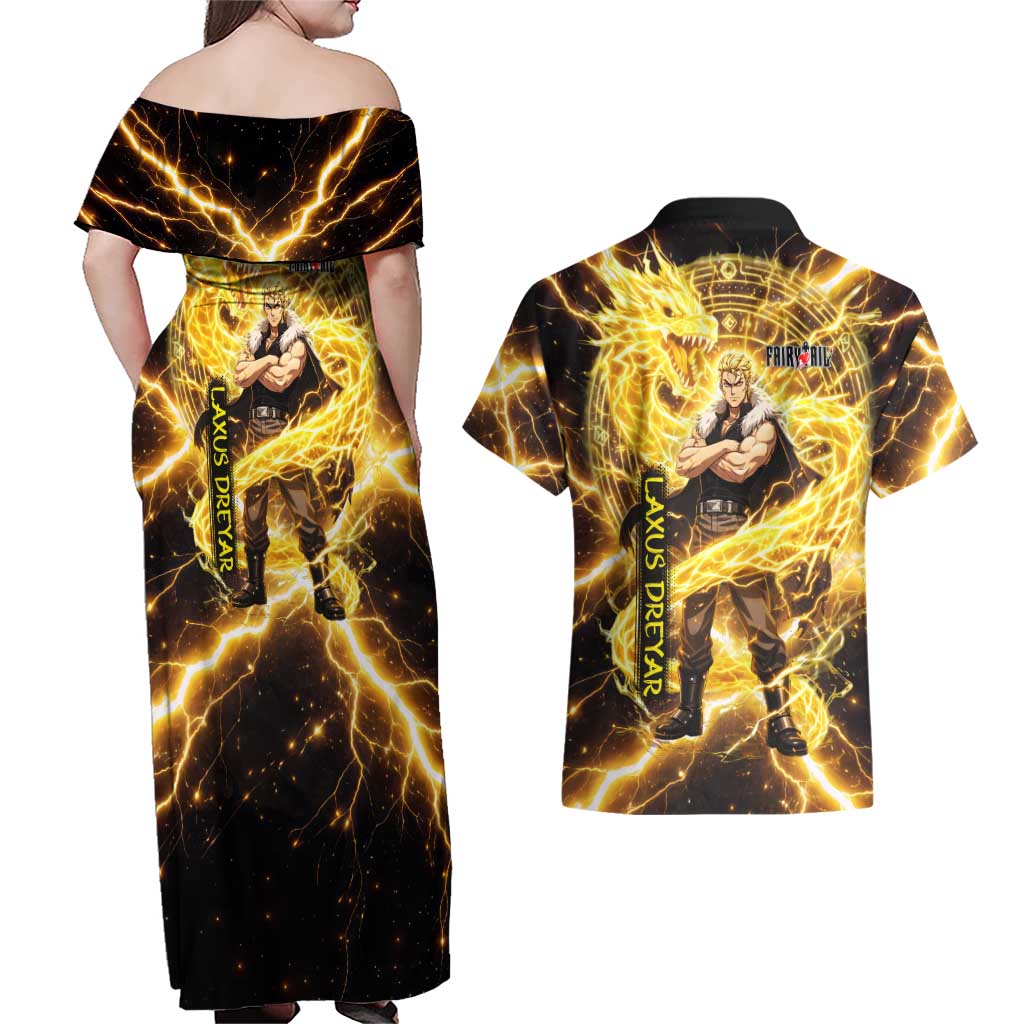 Laxus Dreyar Fairy Tail Couples Matching Off Shoulder Maxi Dress and Hawaiian Shirt Lightning Dragon Anime Style with Electric Surge Visuals