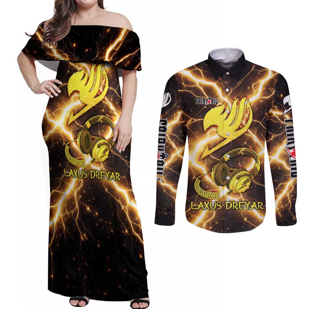 Laxus Dreyar Fairy Tail Couples Matching Off Shoulder Maxi Dress and Long Sleeve Button Shirt Lightning Dragon Anime Style with Electric Surge Visuals