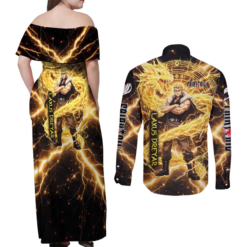 Laxus Dreyar Fairy Tail Couples Matching Off Shoulder Maxi Dress and Long Sleeve Button Shirt Lightning Dragon Anime Style with Electric Surge Visuals