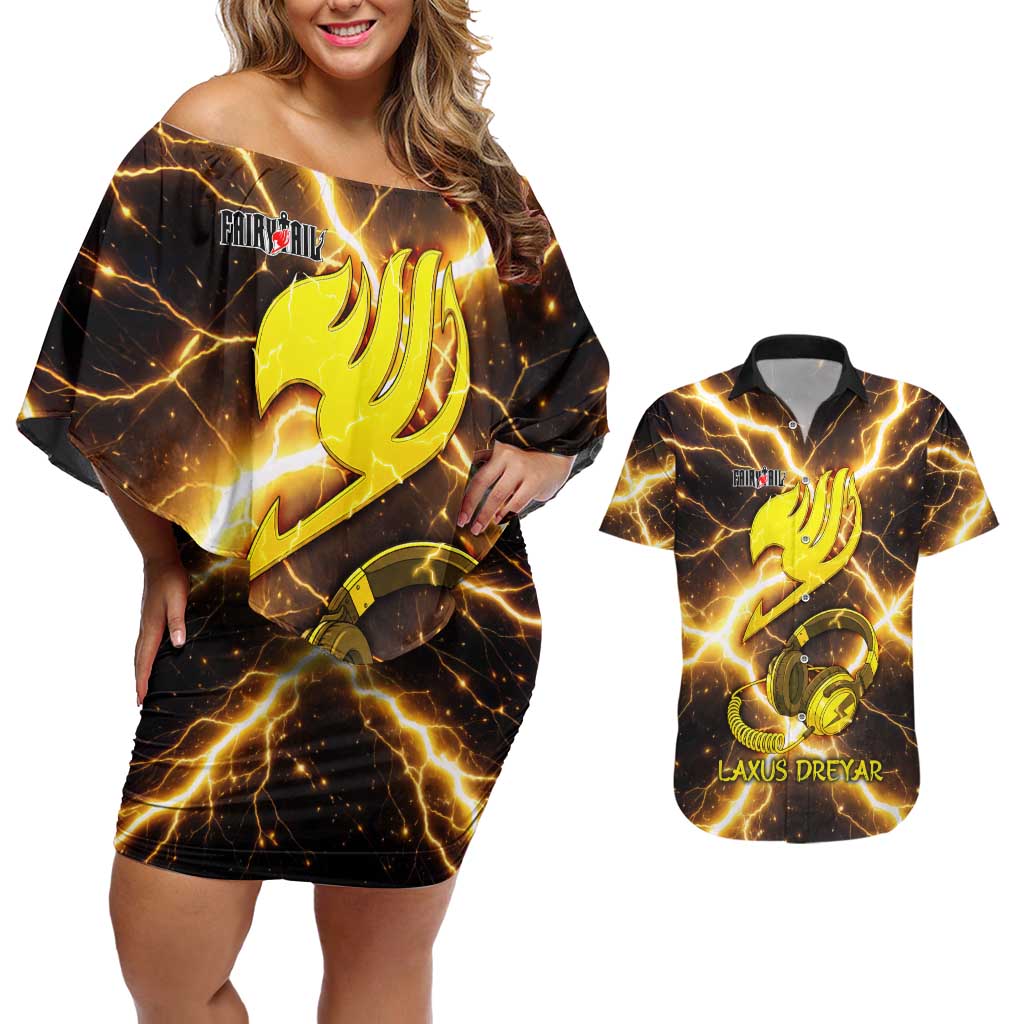 Laxus Dreyar Fairy Tail Couples Matching Off Shoulder Short Dress and Hawaiian Shirt Lightning Dragon Anime Style with Electric Surge Visuals