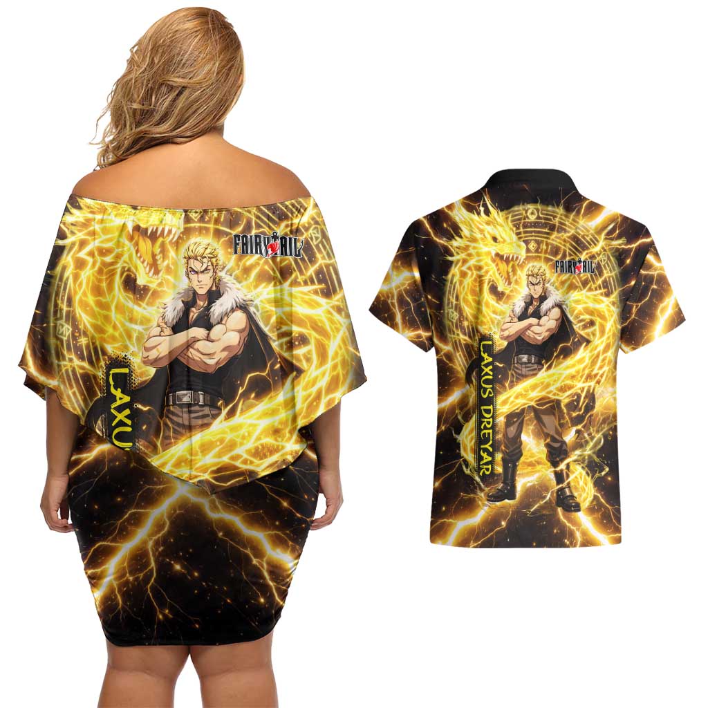Laxus Dreyar Fairy Tail Couples Matching Off Shoulder Short Dress and Hawaiian Shirt Lightning Dragon Anime Style with Electric Surge Visuals