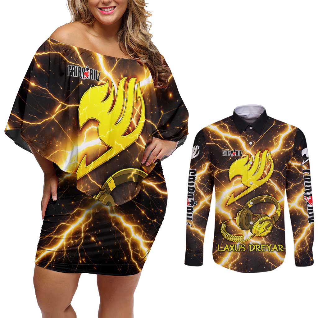 Laxus Dreyar Fairy Tail Couples Matching Off Shoulder Short Dress and Long Sleeve Button Shirt Lightning Dragon Anime Style with Electric Surge Visuals