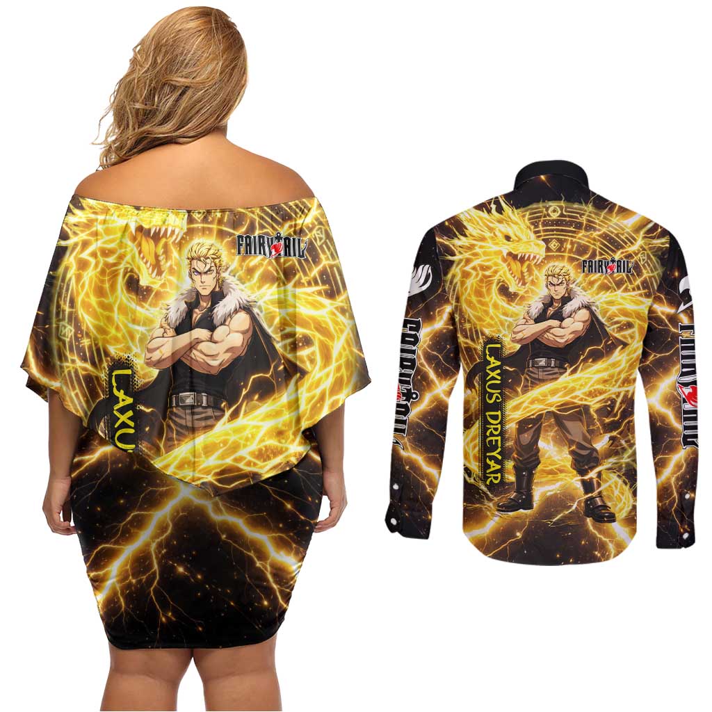 Laxus Dreyar Fairy Tail Couples Matching Off Shoulder Short Dress and Long Sleeve Button Shirt Lightning Dragon Anime Style with Electric Surge Visuals
