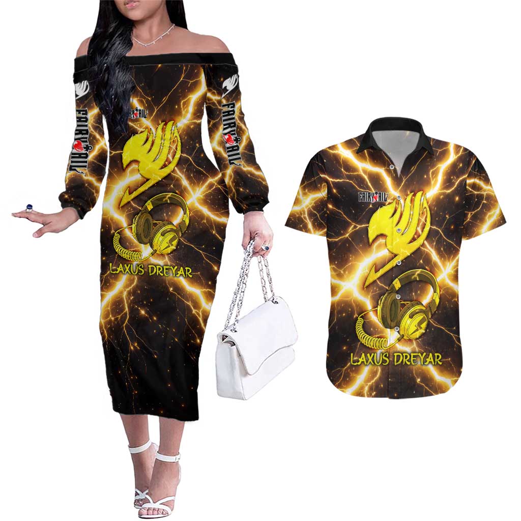 Laxus Dreyar Fairy Tail Couples Matching Off The Shoulder Long Sleeve Dress and Hawaiian Shirt Lightning Dragon Anime Style with Electric Surge Visuals