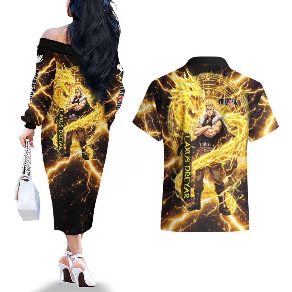 Laxus Dreyar Fairy Tail Couples Matching Off The Shoulder Long Sleeve Dress and Hawaiian Shirt Lightning Dragon Anime Style with Electric Surge Visuals