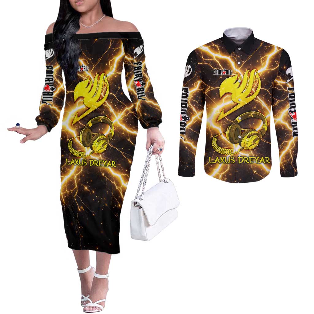 Laxus Dreyar Fairy Tail Couples Matching Off The Shoulder Long Sleeve Dress and Long Sleeve Button Shirt Lightning Dragon Anime Style with Electric Surge Visuals