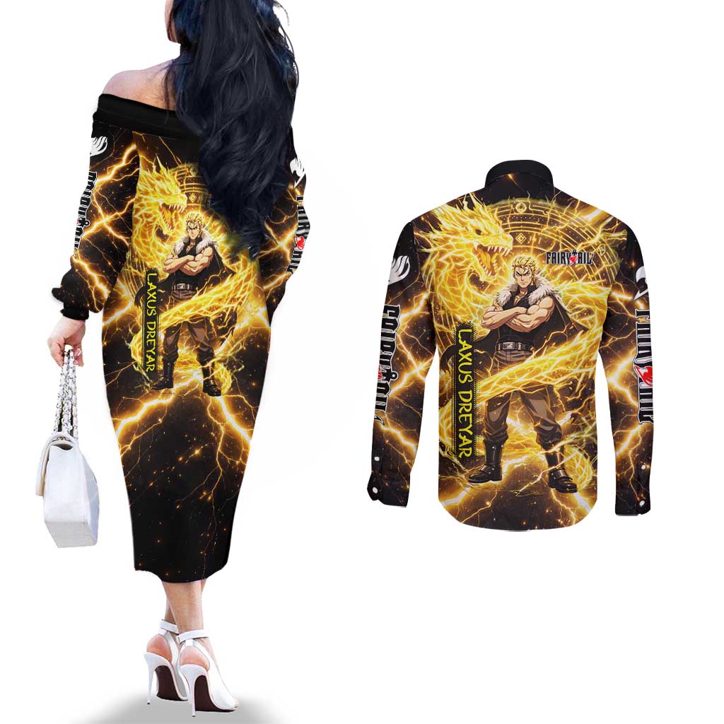 Laxus Dreyar Fairy Tail Couples Matching Off The Shoulder Long Sleeve Dress and Long Sleeve Button Shirt Lightning Dragon Anime Style with Electric Surge Visuals